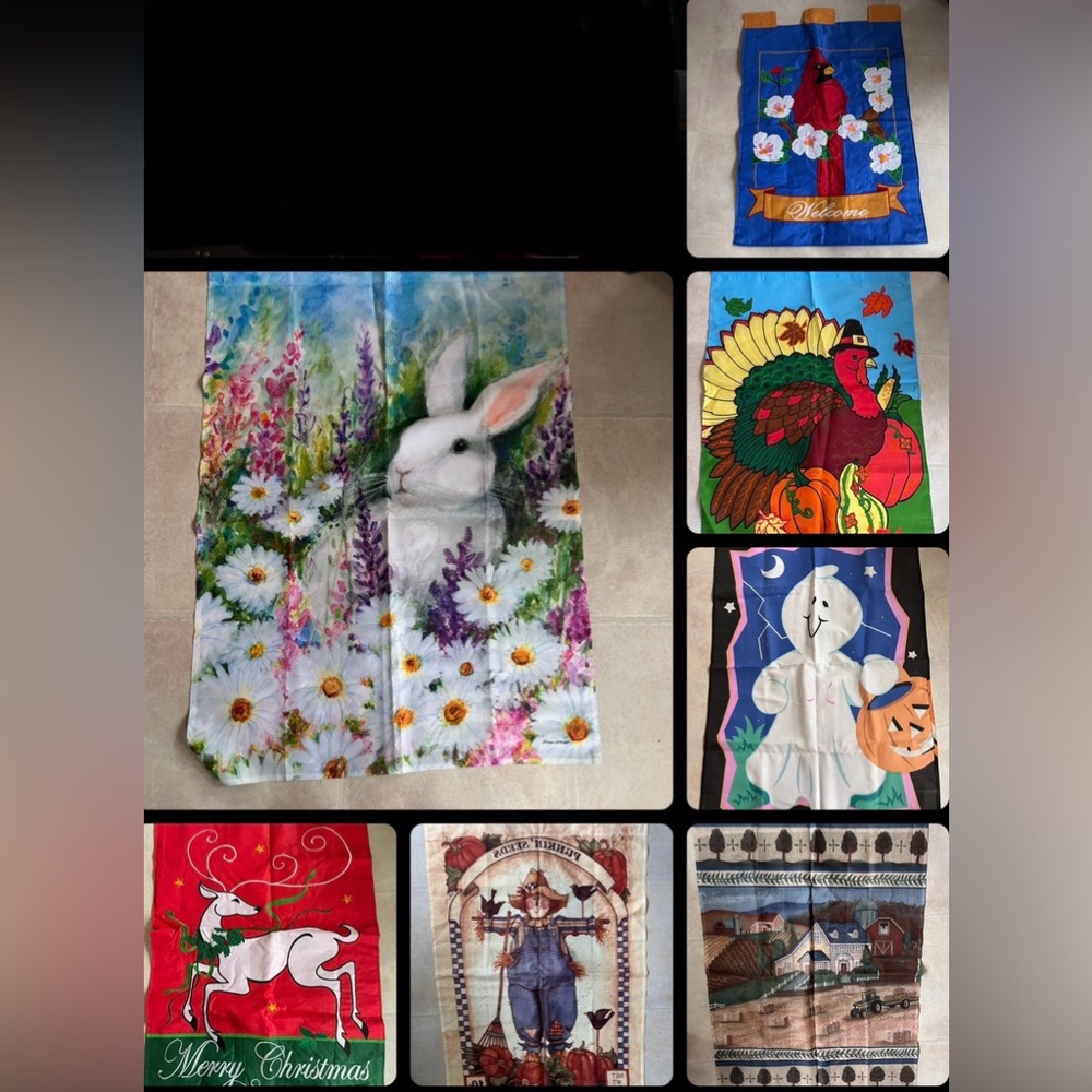7 large decorative yard flags, variety of seasons/holidays